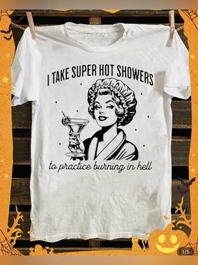 NWOT Graphic Tee "I Take Super Hot Showers" - White Cotton Tee, Multiple Sizes